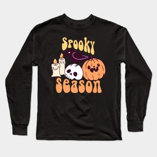 Spooky season a cute crow on a skull with a pumpkin and candles Long Sleeve T-Shirt